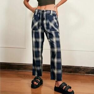 Free People Women's City Slouch Gray Plaid Cotton Pants Size 2